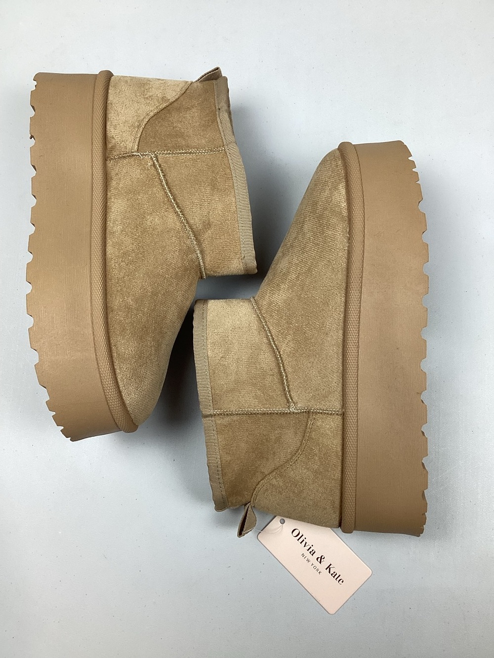 Olivia & Kate Faux Suede Faux Fur Tan Platform Booties Size 8.5 New With Tag